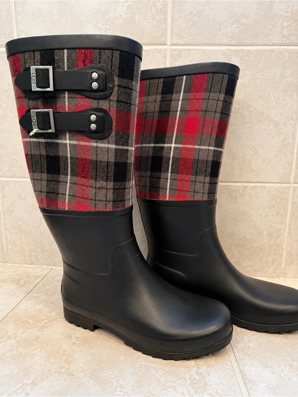UGG Black Rubber Rain Boots with Red and Gray Plaid Upper